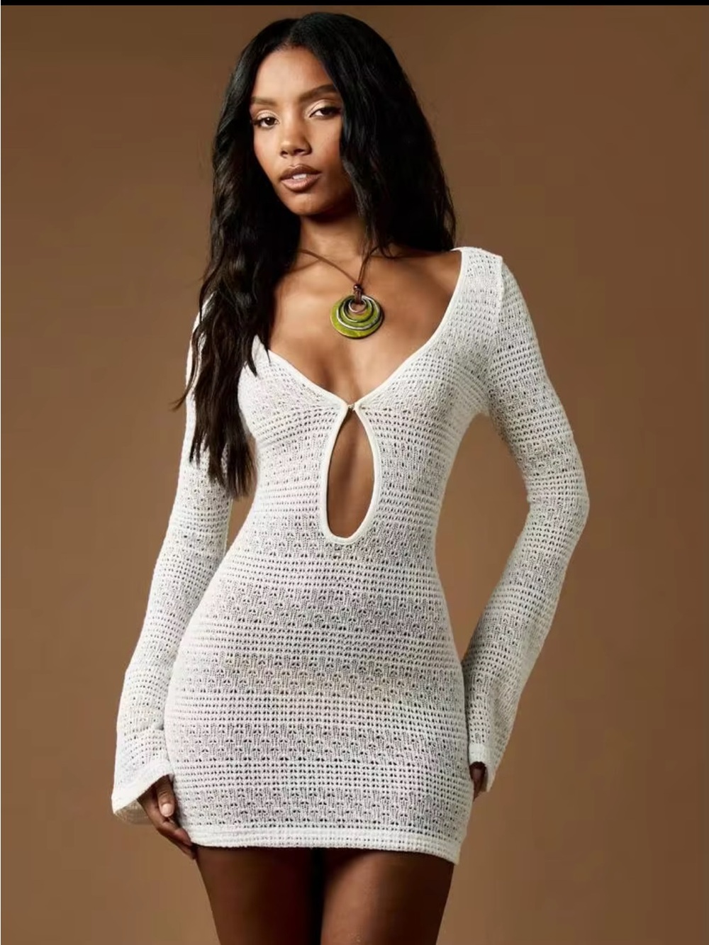 Missguided NWT Crochet Mini Dress Bell Sleeve Keyhole Bohemian White Knit Top